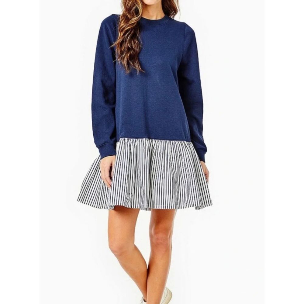 Addison Bay The Swing Dress Navy Blue Striped Hem Long Sleeve XL